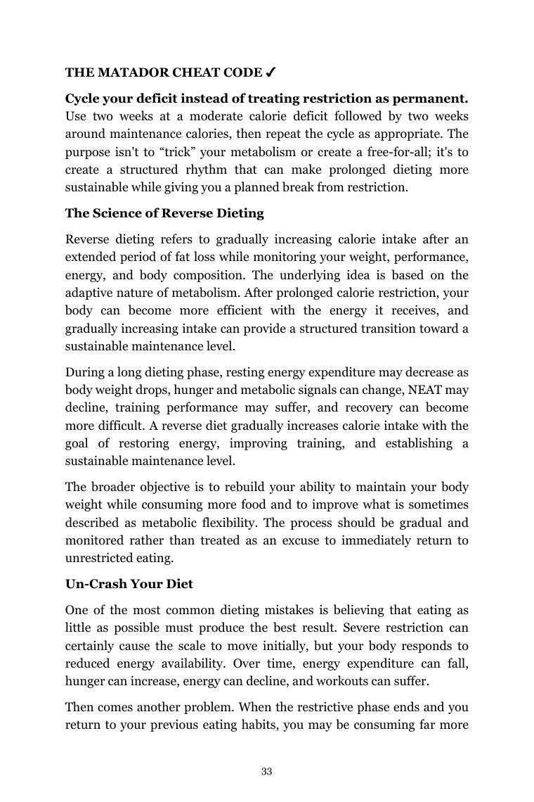 A page from Fat Loss Cheat Code with the MATADOR cheat code and the science of reverse dieting