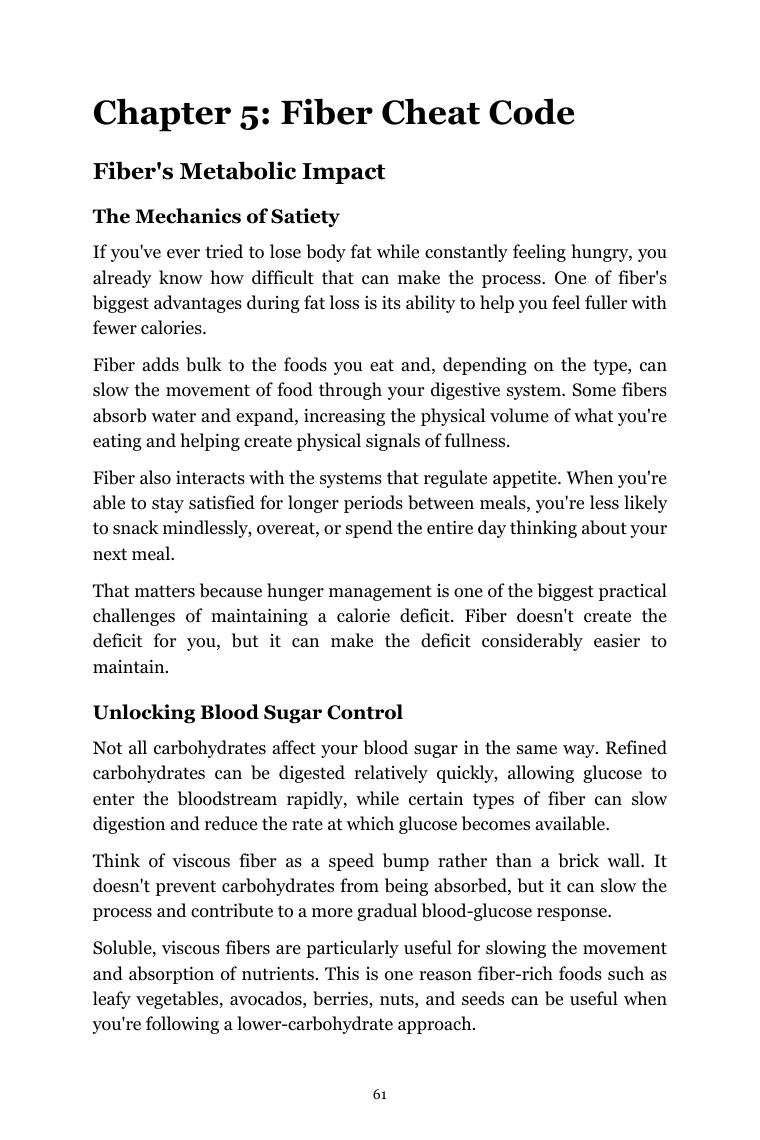 A page from Fat Loss Cheat Code explaining how fiber affects satiety and blood sugar